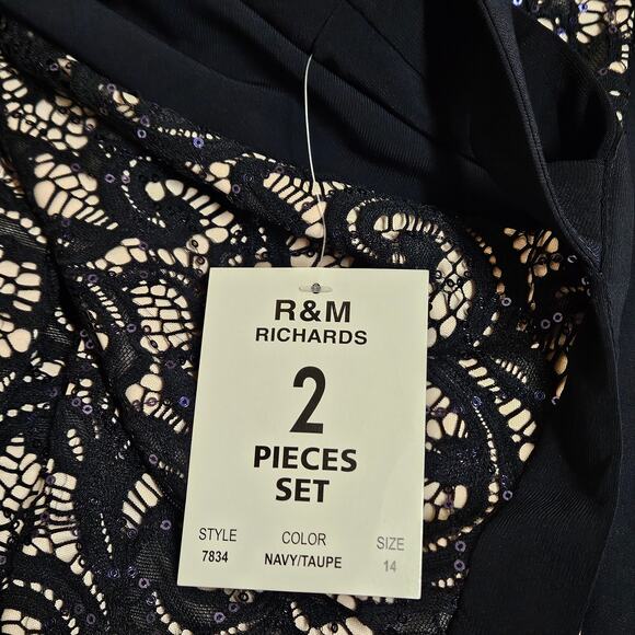 Navy Blue Sleeveless R&M Richards Sequined Lace Bodycon Midi Dress Size 14 - Picture 6 of 8